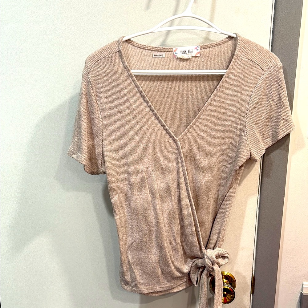 Pink Rose Women's Beige Tie-Front Top